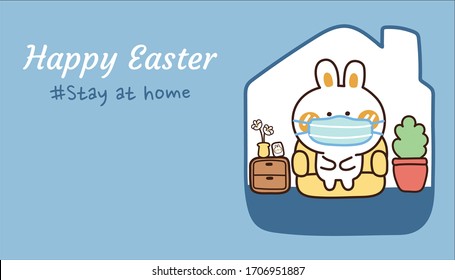 Happy easter.Stay at home writing.Rabbit with face mask protect from coronavirus,covid-19 sitting on sofa background.Cute cartoon character design.Animal doodle banner.Vector.Illustration.