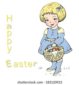 happy Easter,the girl with a basket of eggs,vector illustration