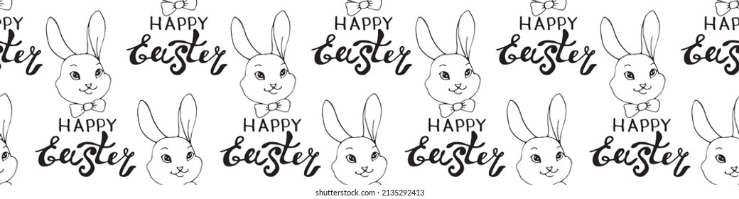 Happy Easter-Vector seamless pattern with inscriptions and simple contour drawings of faces of cute rabbits in doodle style. Holiday backgrounds and textures