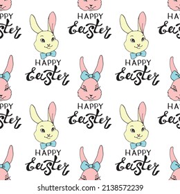 Happy Easter-Vector seamless pattern with inscriptions and simple color drawings of faces of cute rabbits in doodle flat style. Holiday background and texture