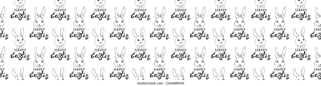 Happy Easter-Vector seamless pattern with inscriptions and simple contour drawings of faces of cute rabbits in doodle style. Holiday backgrounds and textures