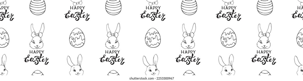 Happy Easter-Vector seamless pattern with inscriptions, eggs, simple drawings of faces of cute rabbits in doodle flat style. Holiday background and texture