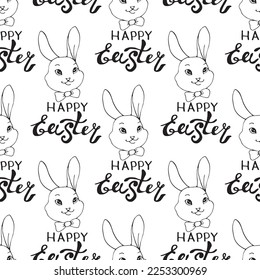 Happy Ostervektor nahtloses Muster mit Inschriften und einfachen Konturzeichnungen von Gesichtern süßer Kaninchen im Doodle-Stil. Hintergründe und Texturen für Feiertage