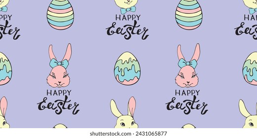 Happy Easter-Vector seamless pattern with inscriptions, eggs, simple color drawings of faces of cute rabbits in doodle flat style. Holiday background and texture