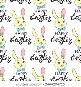 Happy Easter-Vector seamless pattern with inscriptions and simple colorful drawings of faces of cute rabbits in flat style. Holiday background and texture