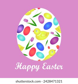 Frohe Ostern. Weißes Ei mit Hühnern auf rosa Hintergrund. Eine Postkarte, ein Gruß, eine Einladung, ein Poster.