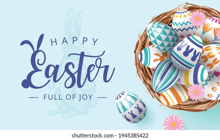 Happy Eater Banner With Colourful Painted Eggs In Nest On Blue Background