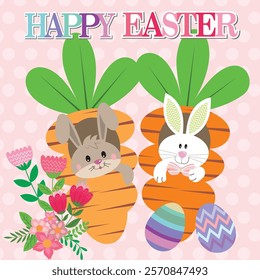 Happy Eater card with cute bunny, carrots, eggs and flower