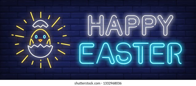 Happy Eater neon sign. Newborn chicken. Congratulation, celebration, event. Night bright advertisement. Vector illustration in neon style for holiday, greeting card, traditional culture