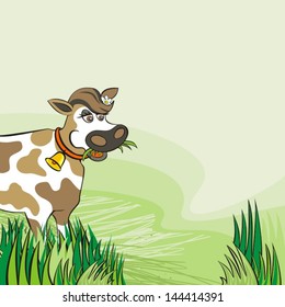 happy eating cow free run on sunny summer day animal l farm life illustration on green background