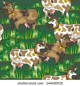 happy eating cows free run on sunny summer day animal farm life on dark gray messy background seamless pattern