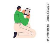 Happy ebook reader. Person with tablet PC in hands reading electronic book. Man relaxing and enjoying digital literature at leisure time. Flat vector illustration isolated on white background