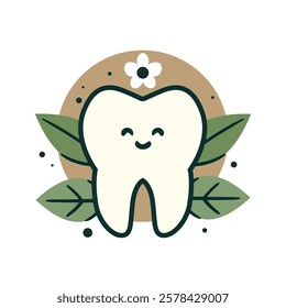 Happy Eco Tooth with Leaves – Natural Dental Icon, Symbol of Health and Natural Oral Care