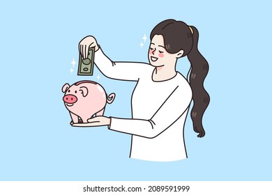 Happy economic young woman put banknote in piggybank save money for future. Smiling girl make currency cash financial investment think of budget. Finance planning concept. Flat vector illustration. 