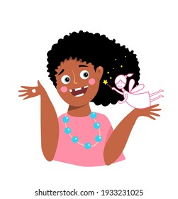 Happy Edentulous African American (black) Girl Missing Her Teeth, With Funny Tooth Fairy Character. Kids And Children Dental And Orthodontist Care Illustration Design. Vector Cartoon.