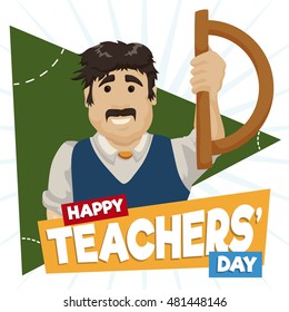 Happy educator celebrating Teachers' Day in the classroom with his students and holding a protractor.