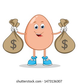 Happy Egg Cartoon Mascot Character Holding Money Bags.