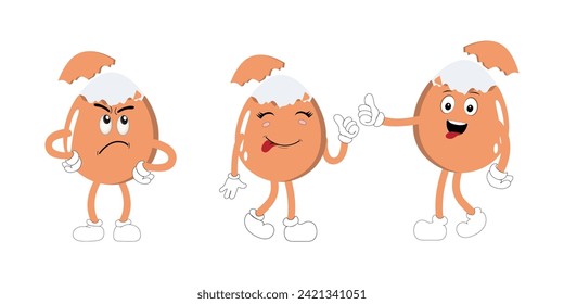 Happy egg cartoon mascot character, Cartoon egg giving thumb up, hand drawn cartoon kawaii characters vector illustration. Retro Easter Egg with halftone pattern with different face emotions.