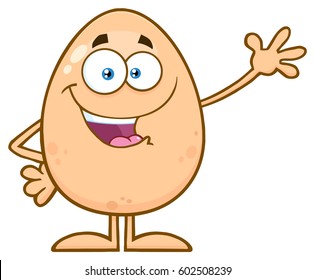 Happy Egg Cartoon Mascot Character Waving For Greeting. Vector Illustration Isolated On White Background