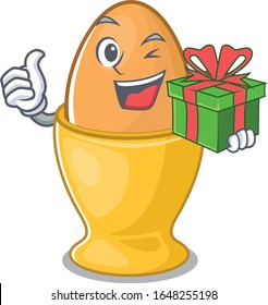 Personaje feliz de huevo con caja de regalo