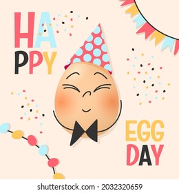 Happy egg day.Cute smily egg with party hat and butterfly.Flat cartoon stile. Holiday concept. Vector Illustration for card, poster, banner, celebration. 
