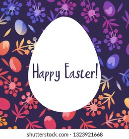 Happy egg with grass and flower for Happy Easter day. Vector illustration