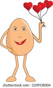 Happy egg male cartoon with a bunch of heart shape balloons in his hand. Vector Illustration. 