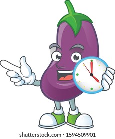 Happy eggplant cartoon mascot style with clock