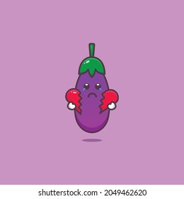 Happy eggplant cute cartoon style, eggplant character holding a broken heart in hand