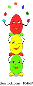 Happy eggs, three eggs acrobats juggle small eggs