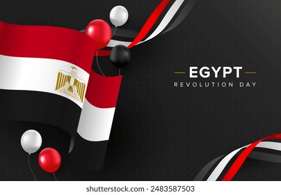 Happy Egypt Revolution Day 23 July black background with wavy Egypt Flag and balloons. Egypt National day vector illustration template for web, banner, flyer, poster.