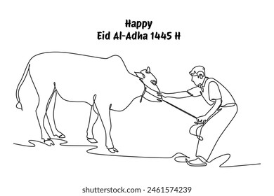 Happy Eid Adha concept. Single line draw design vector graphic illustration.