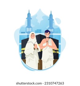 Happy Eid Adha with Islamic Pilgrimage Hajj mabrour greeting flat illustration