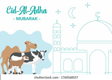 Happy Eid Adha Islamic Sacrifice Festival, Greeting Card Illustration

 with animal goat, cow, camel simple flat illustration background