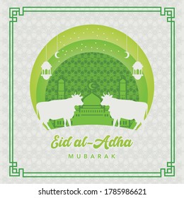 Feliz Festival del Sacrificio Islámico de Eid Adha, Ilustración de la tarjeta de saludo con cabra animal, vaca, camello simple ilustración plana fondo