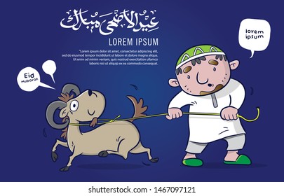 happy eid adha mubarak with cartoon animal sacrifice illustration
