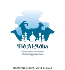 happy eid adha mubarak with the goat sheep camel cow vector illustration