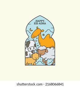 Happy eid adha mubarak greeting card with animal sacrifice in line art style vector illustration