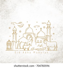 Happy Eid adha mubarak greeting card template monoline illustration cow goat and camel with mosque