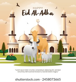 Feliz Eid Al Adha con animales y una mezquita