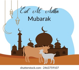happy eid al adha background with illustration of mosque and animal goat and cow sacrificial