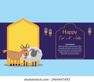 fondo de eid al adha feliz con la ilustración de la cabra animal linda y el sacrificio de ovejas