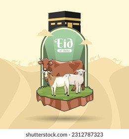 Happy eid al adha banner template design with cow sheep and goat vector design