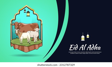 Happy eid al adha banner template design with cow sheep and goat vector design