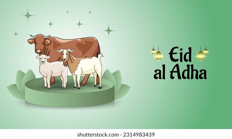 Happy eid al adha banner template design with cow sheep and goat vector design