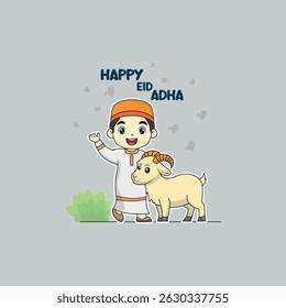 Happy Eid Al Adha. Boy and Goat Greeting Eid Al Adha.