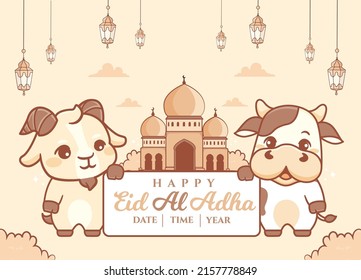 Happy eid al adha cartoon banner with cute cow and goat character