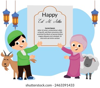 feliz celebración de eid al adha con ilustración de la linda pareja de niños pequeños musulmanes y animales de cabra sacrificio