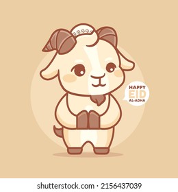 Happy eid al adha with cute islamic goat moslem cartoon illustration