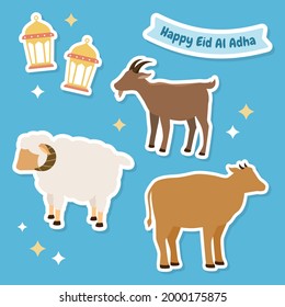 Happy Eid Al Adha Goat, Cow, Sheep Cartoon Concept Sticker Set Collection